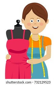 Young woman tailor working in workshop with new dress