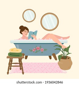 Young woman take bath in bathroom with soap foam bubbles, read book. Happy female cartoon character in bathtub and relaxing. Relaxation during hygienic, everyday routine, self-care or spa procedure