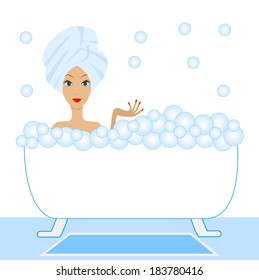 young woman take a bath with foam, vector illustration