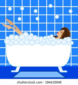 young woman take a bath with foam, vector illustration