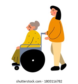 Young woman take care about old lady in wheelchair. Illustration on white background. 