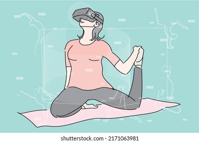 Young woman take yoga pose and exercise in virtual reality world. Flat design illustration