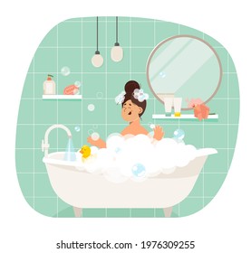 Young woman takes a bath. Female lying in bubbles of foam. The girl relaxes in the interior of the bathroom. The woman is takes a hygienic routine. Vector illustration