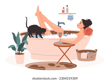 A young woman takes a bath with a glass of wine. A girl with a cat in the bathroom relaxes in hot water with foam. Daily self care. Flat cartoon vector illustration.