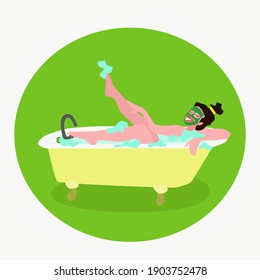 A young woman takes a bubble bath. Vector illustration. Flat style.