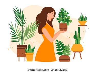 Young woman takes care of the flowers planted in pots. Growing indoor plants. Environmentally friendly concept. Care of indoor plants. Vector illustration