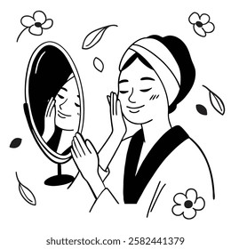 A young woman takes care of herself in front of a mirror, applying skincare or makeup. She enjoys a self-care routine, focusing on beauty and wellness. A black-and-white vector lifestyle illustration