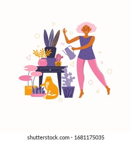 Young woman takes care of indoor plants. Cartoon person watering the flowers from a watering can. Funny cat. Spending time at home. Girl with a pet. Favorite activities at home. Flat illustration