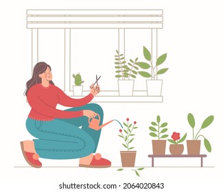 Young woman takes care of indoor plants, she waters and prunes plants. Flat style vector illustration