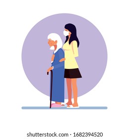 young woman takes care of old woman vector illustration design