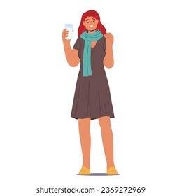 Young Woman Takes Her Prescribed Medicine, A Moment Of Self-care In Her Daily Routine, Prioritizing Her Health And Well-being. Sick Female Character with Pill Drug. Cartoon People Vector Illustration