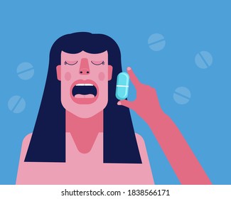 Young woman takes medical capsule.Vitamins, placebo and cold prevention.Flu treatment.Oral contraceptive, birth control pills.Girl opens her mouth.Hand gives her tablet.Flat vector trendy colors