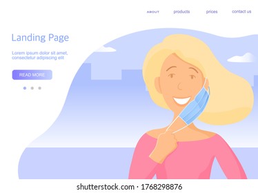 Young woman takes off a medical mask. Template for landing page