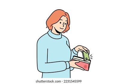 Young woman takes out bank credit or debit card from her wallet to pay for purchases. Girl is ready to make cashless payment. Customer pays for goods. Vector minimalistic modern design.