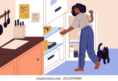 Young woman takes pack of milk from fridge shelf to prepare food. Hungry girl looking at open refrigerator, chooses ingredients for cooking. Person cooks meals in kitchen. Flat vector illustration