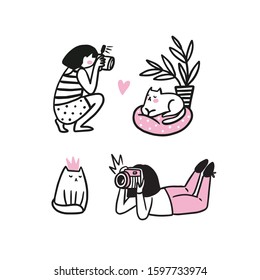 Young woman takes pictures of cute cat. Photographers and model. Photo shoot in a photo studio. Vector funny illustration in hand-drawn style.