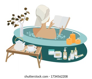 Young woman takes a relaxing bath with foam vector illustration. Spa therapy at home. Keep calm and stay home. A female relaxes after a hard day.