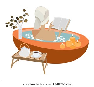 Young woman takes a relaxing bath with foam vector illustration. Spa therapy. A female relaxes after a hard day.