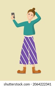 Young woman takes a selfie with the phone. Taking pictures of yourself. A blogger girl is shooting. Blogging. Vector illustration on isolated background.