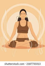 A young woman takes yoga lessons. The girl performs aerobics exercises and morning meditation. Physical and spiritual practice. The illustration in the style of a faceless.
