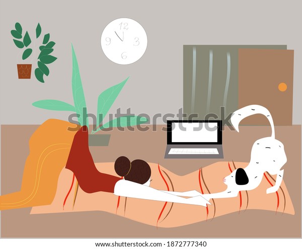 A young woman takes yoga lessons at home. The girl\
performs aerobics exercises and morning meditation at home with her\
dog. Physical and spiritual practice. The illustration in the style\
of a flat car