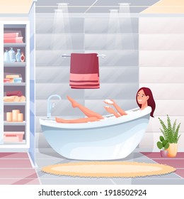 Mujer joven bañándose en un baño en casa. Chica feliz lavándose con jabón y espuma en la bañera ilustración vectorial interior. Decoración interior de las habitaciones con armario con estantes, toalla y moqueta.