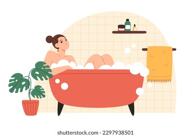 Young woman taking a bath with foam, flat style illustration