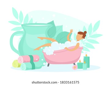 Young Woman Taking Bath Full of Soap Foam, Girl Relaxing in Bathtub, Bath Time Concept Cartoon Style Vector Illustration