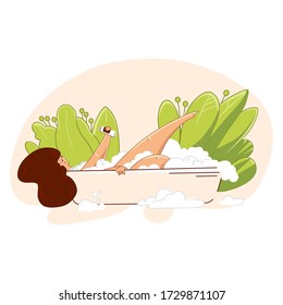 Young woman taking a bath, getting Healthcare Skincare time illustration. Bathing time.