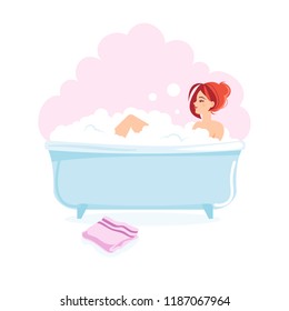 Young woman is taking a bath. Girl in the bathroom. Vector illustration.