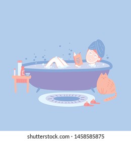 Young woman is taking a bath. Girl in the bathroom with cat. Vector illustration of woman lying in bathtub full of soap foam. Relaxing girl reading a book. Flat design illustration on blue foreground.