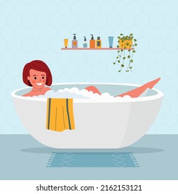 Young woman taking bath. Vector flat illustration