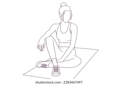 Young woman taking a break on a matrass after fitness routine hand drawn vector illustration