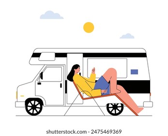 Young woman taking a break while going on a road trip in a van, vector illustration.