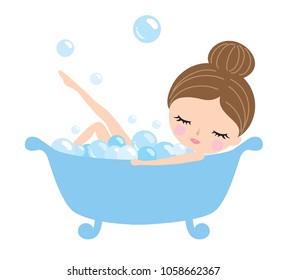 Young woman taking a bubble bath and relaxing in a bathtub.