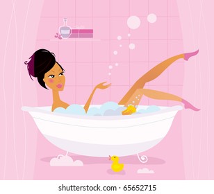Young woman taking bubble bath in pink bathroom. Stylized vector Illustration.