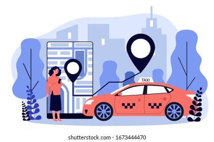 Young woman taking cab via mobile app flat vector illustration. Lady tracking car route on city map in taxi application. Transportation, service and people travelling concept.