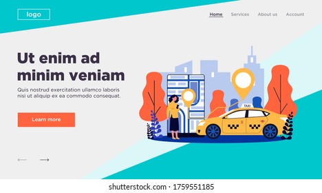 Young woman taking cab via mobile app flat vector illustration. Lady tracking car route on city map in taxi application. Transportation, service and people travelling concept.