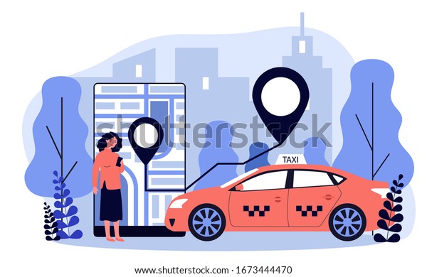 Young woman taking\
cab via mobile app flat vector illustration. Lady tracking car\
route on city map in taxi application. Transportation, service and\
people travelling\
concept.