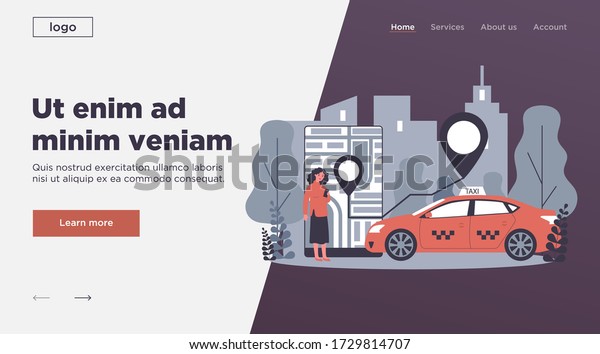 Young woman taking
cab via mobile app flat vector illustration. Lady tracking car
route on city map in taxi application. Transportation, service and
people travelling
concept.