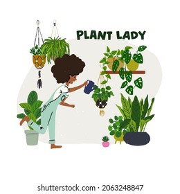 Young woman is taking care about houseplants. Daily life and everyday routine scene with a plant lady, watering plants. Hand drawn flat style trendy urban jungle illustration.