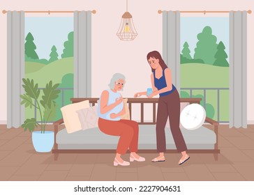 Young woman taking care of grandmother flat color vector illustration. Heart attack symptoms. Problems with breathing. Fully editable 2D simple cartoon characters with home interior on background