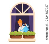 Young woman taking care of her urban jungle is watering flowers growing in window boxes on her windowsill