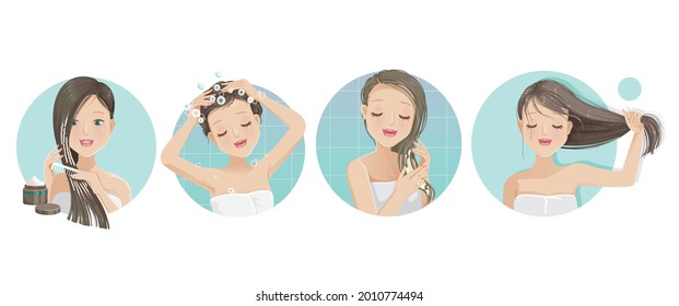 Young woman taking care of her hair at home set.