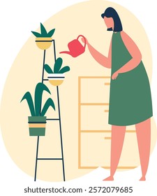 Young woman taking care of her houseplants, watering potted plants standing on a metal rack, enjoying her hobby, home gardening, urban jungle, houseplant care concept