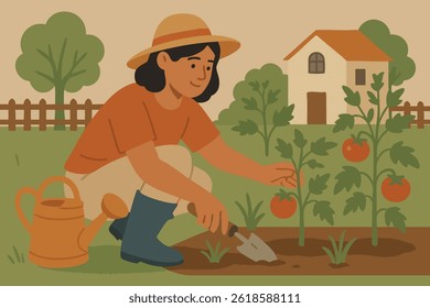 Jeune femme prenant soin de ses plants de tomates dans son jardin, jardinage et récolte concept