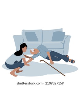 Young woman taking care of Old man falling accident in living room. Elderly man dropping from sofa (settee,also couch).Vector flat cartoon characters design concept for Home care services for seniors.