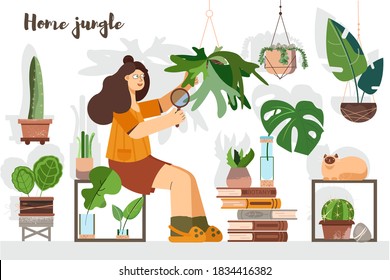 Young woman taking care of plants. Greenhouse or household plots. Urban jungle, trendy illustration with home decor, plants, girls planter, cacti. Home plants. Botany Home greenhouse, garden.