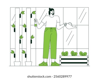 Young woman taking care of plants in greenhouse, her hands holding plant sprayer and watering can, shelves with plants and wooden boxes with lush greenery, urban farming vector illustration.