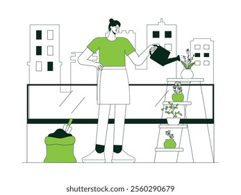 Young woman is taking care of plants on her apartment balcony, watering plants using watering can, next to her are pots with soil and shelves of houseplants, urban farming vector illustration.